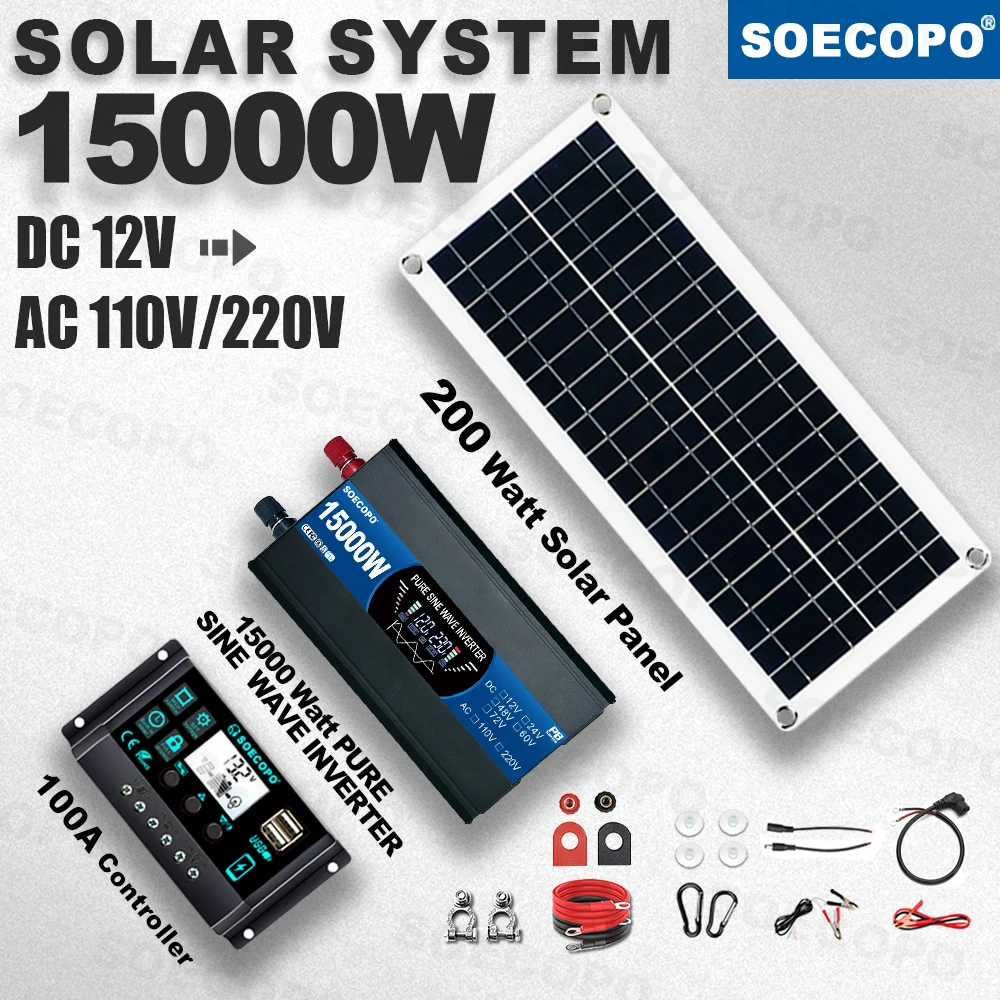 15000W Solar System Kit 200W Panel 100A Controller 12V 110V220V Pure Sine Wave Inverter Generator for Camp Home charger off grid