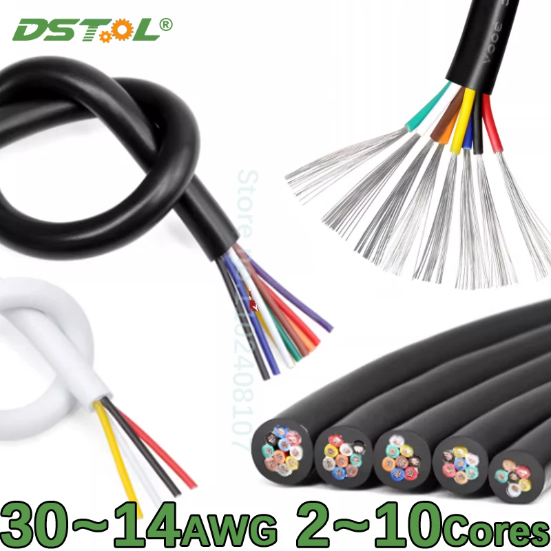 1Meter UL2464 Multi-Core Tinned Copper Sheathed Power Cable Wire 2~10Cores Signal Control Flexible Cord Black/White 30~14AWG