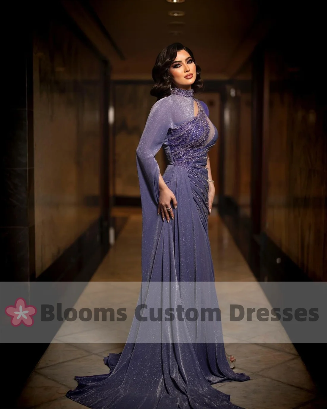 Blooms Silver Beads Purple Saudi Luxury Evening Dresses For Special Occasion Shiny Mermaid Party Dress Cape Sleeve Prom Gown