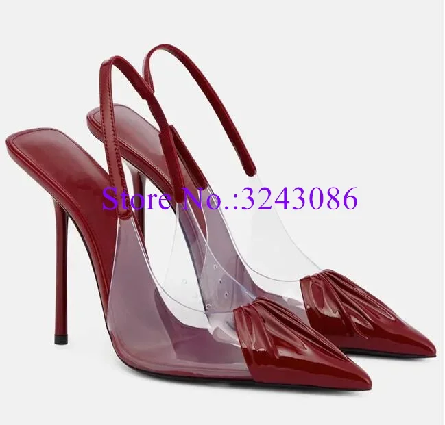 

Wine Red PVC Patchwork Sandals Lady Sexy Pleated Pointed Toe Thin Heel Woman Pumps Fashion Party Shoes Dropship