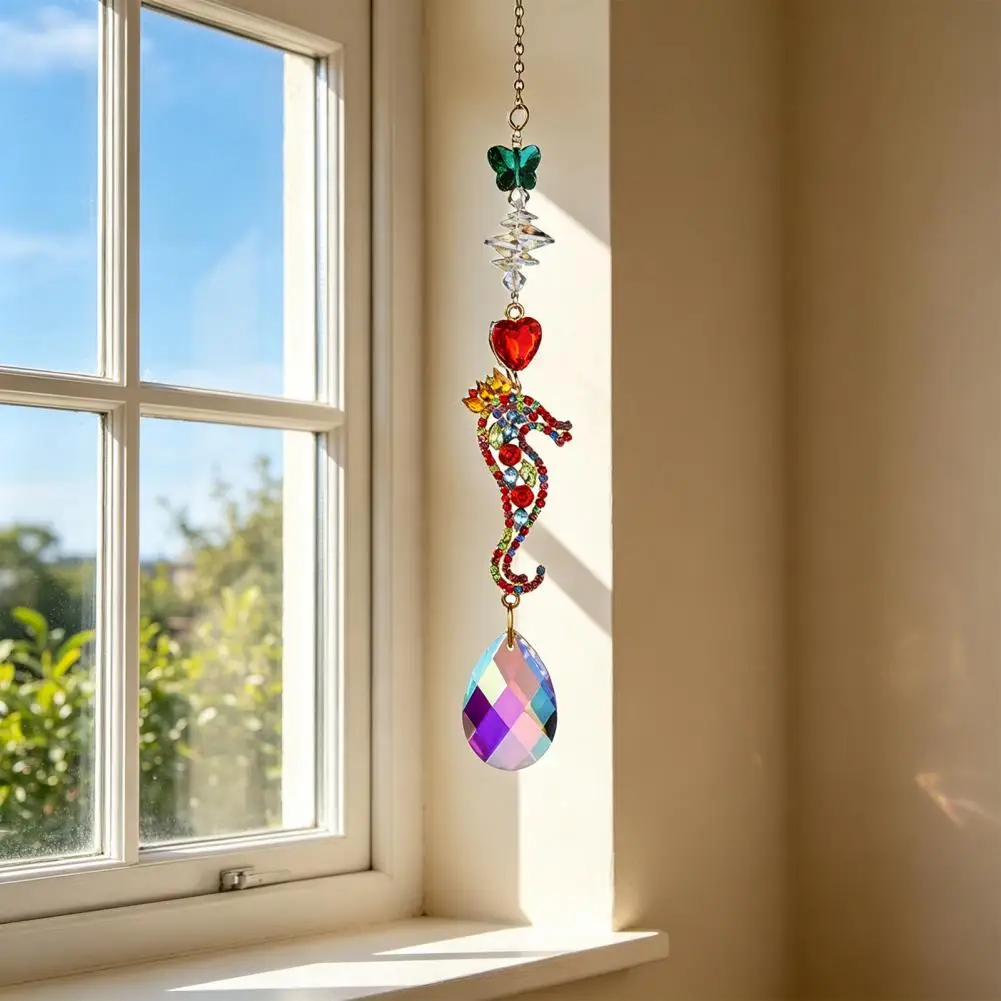 Colorful Light Projector Chime Natural Sun Catcher Wind Chime with Cat Seahorse Fish Pendants Rainbow Maker Window for Kids