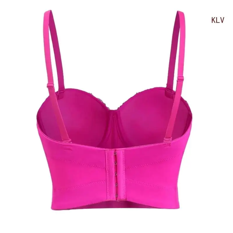 Womens Push Up Bustier Bra Nightclub Party Crystal Beaded Hotpink Corsets Camisole Crop Top 6XDA