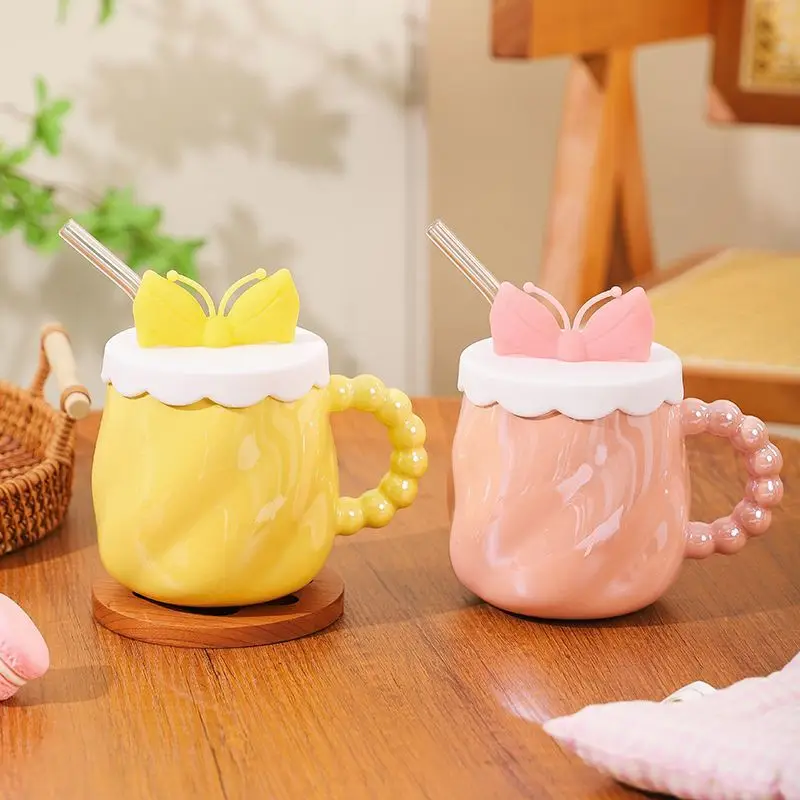 Pearlescent Ceramic Bow Pearl Mug,High-quality Solid Color Coffee Cup Water Cup with Lid and Straw,Birthday Gift for Girlfriends