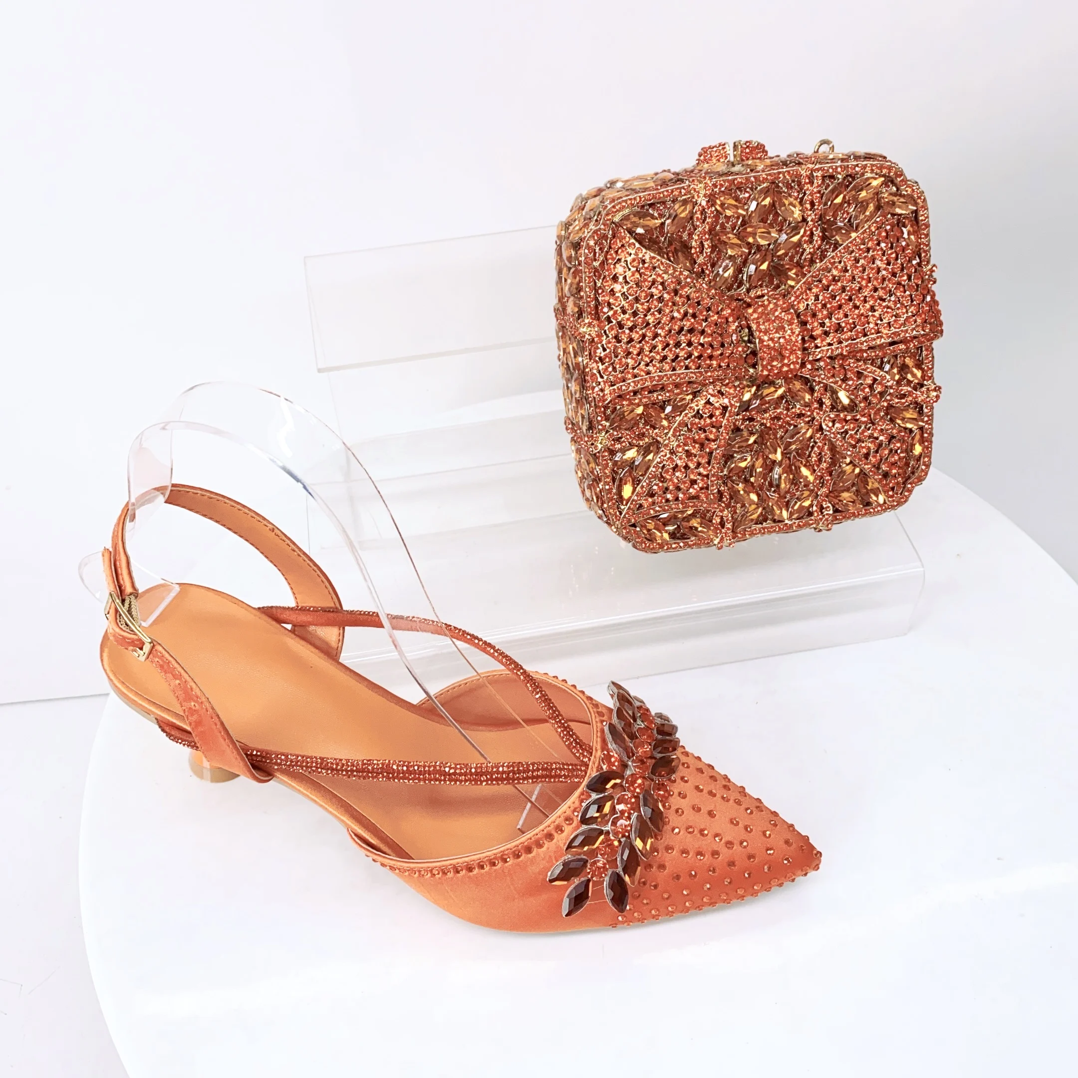 

LNATISNOVA Orange Color Rhinestone high heel shoes And Bag Fashion Style Pointed-Toe Shoes For Women Luxury Wedding Party Sandal
