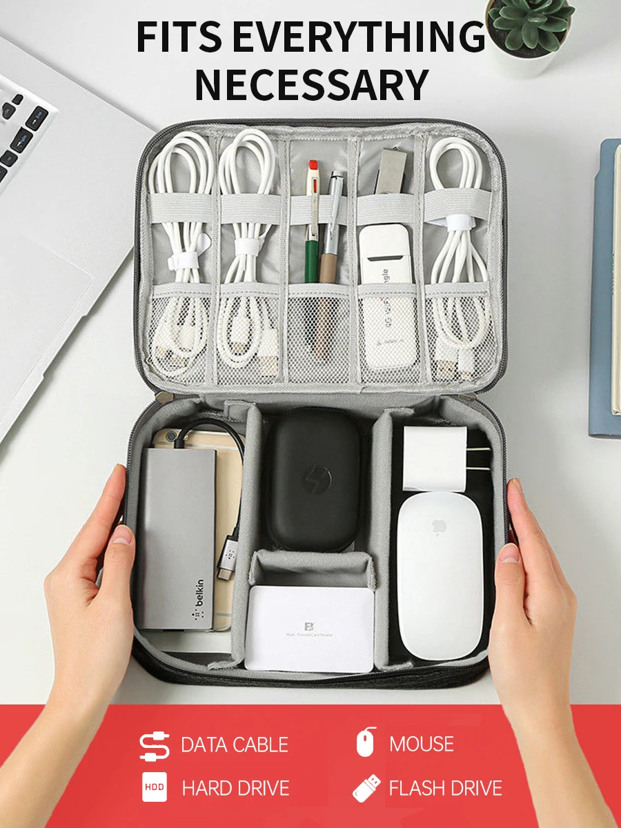 حقيبة تخزين الكابلات مقاومة للماء، منظم الملحقات الإلكترونية الرقمية، حافظة منظم كابلات السفر المحمولة لشاحن الكابل