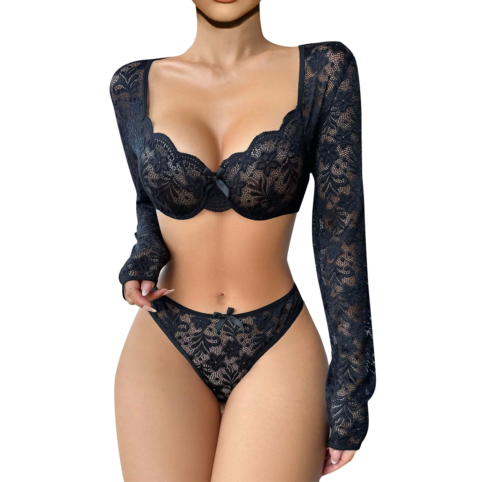 Women\'S Sexy Lace Split Long Sleeved Two-Piece Sexy Lingerie Set 2024 Sexiest Outfit Women боди женское