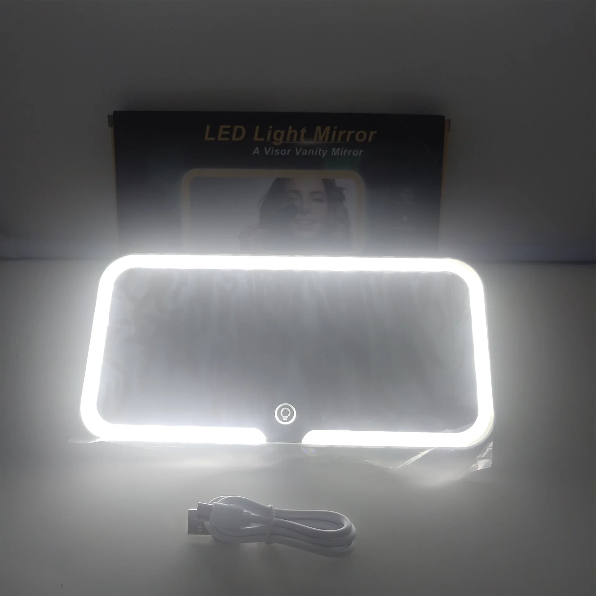 Espelho de vaidade da viseira do carro com luz led, tela de toque regulável, carregamento usb, espelho de maquiagem da bateria recarregável para o carro, 3 cores