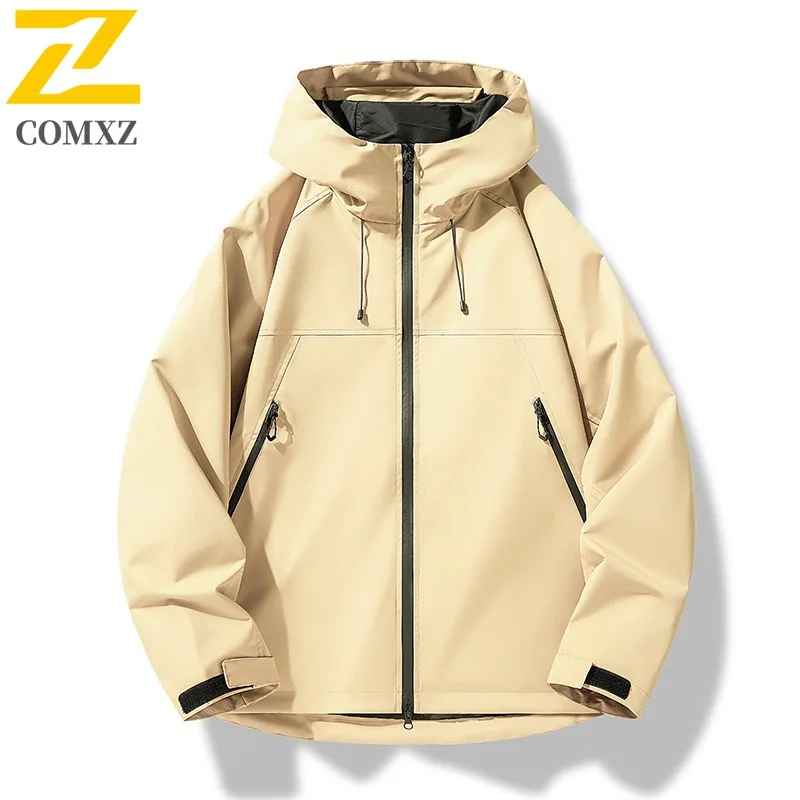 COMXZ Men Hooded Jacket Outdoor Windproof Waterproof Adventure Cycling Hunting Camping Jackets Solid Color Handsome Autumn Coat