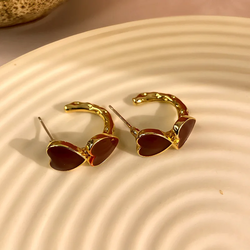 Burgundy Hong Kong style love earrings light luxury niche atmosphere versatile hoop earrings