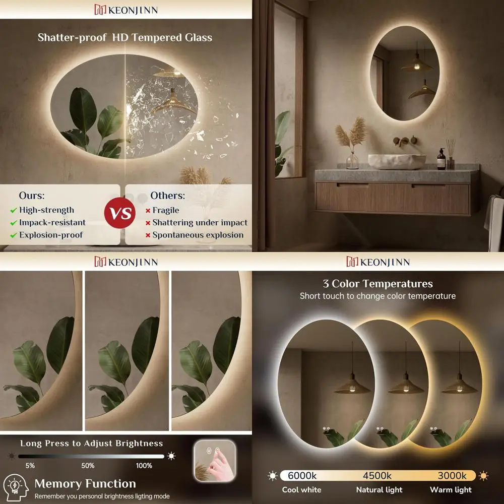 

Зеркало для ванной с LED-подсветкой 24x32 дюйма, закаленное стекло, 3 цветовые температуры, с регулировкой яркости, настенное