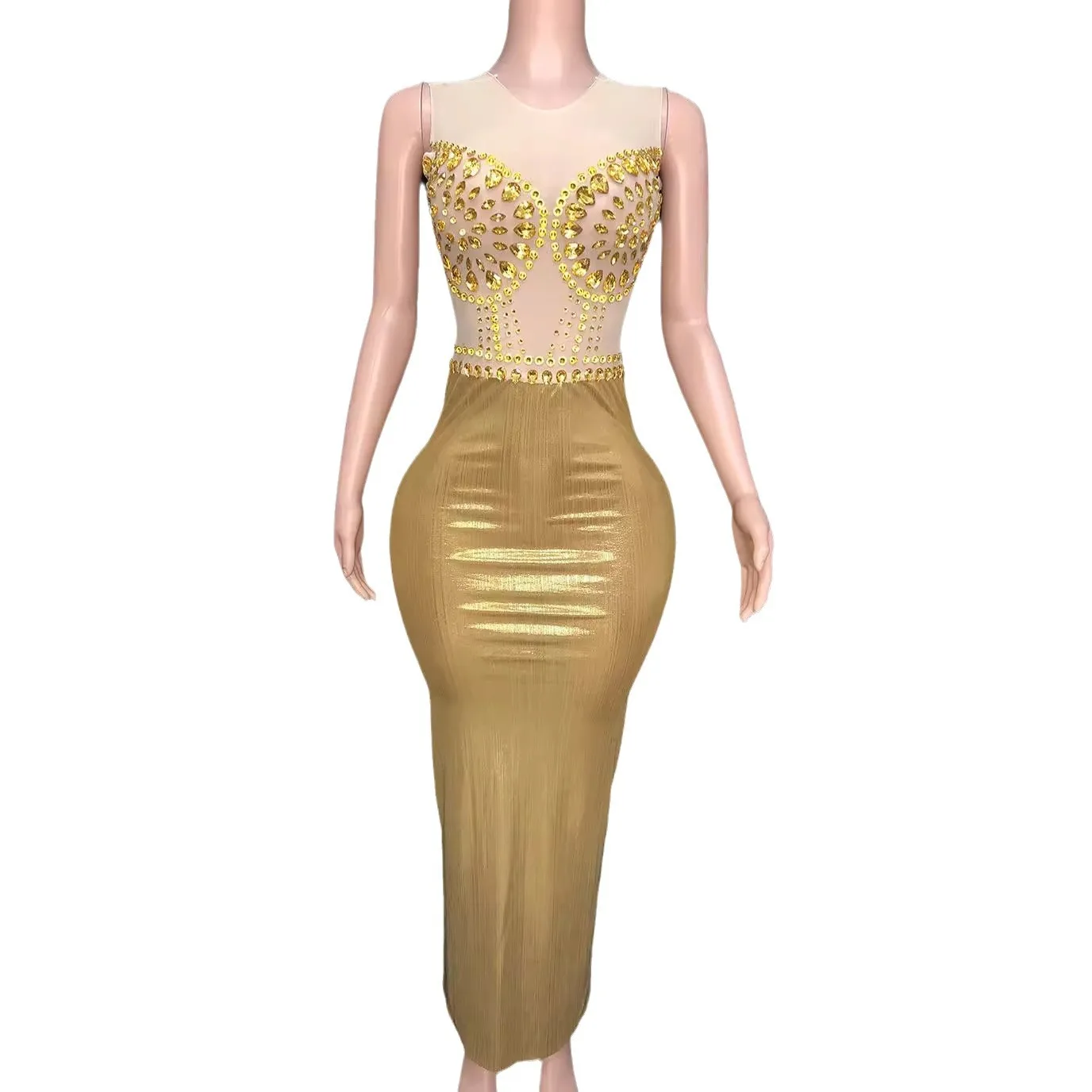 

Gold Shiny Diamond Crew Neck Sleeveless Long Party Dress Back Split Hip Wrap Sexy Slim Style Robe De Soiree Elegante Pour Femme