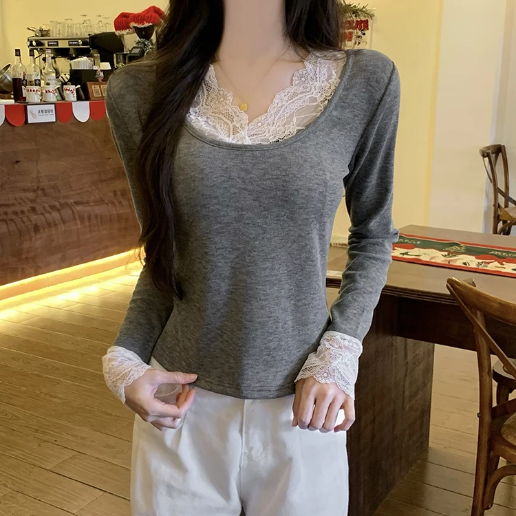 2026 Herbst Winter Damen T-Shirt Spitze Schlankes Basis-T-Shirt Elegantes Vielseitiges Strick-Layering-Oberteil mit Langen Ärmeln für Damen Neu eingetroffenes T-Shirt – Detail 26