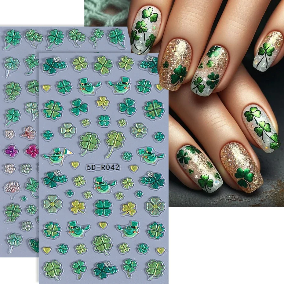 5D Embossed Green Four-Leaf Clover Nail Sticker St. Patrick's Day Lucky Leaf Brid Heart DIY Decal Slider Manicure Art Decoration