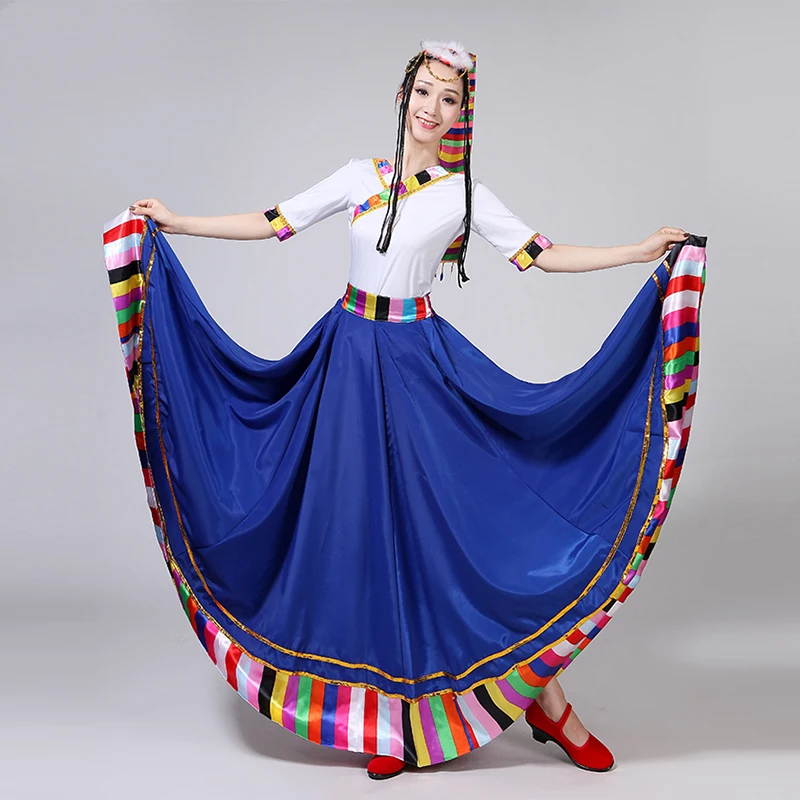 Costume de Scène Ethnique Traditionnel Chinois, Jupe Longue de Pratique, Tenue Tibétaine, Vêtements de brev, Robe de Performance Folklorique, pour Femme