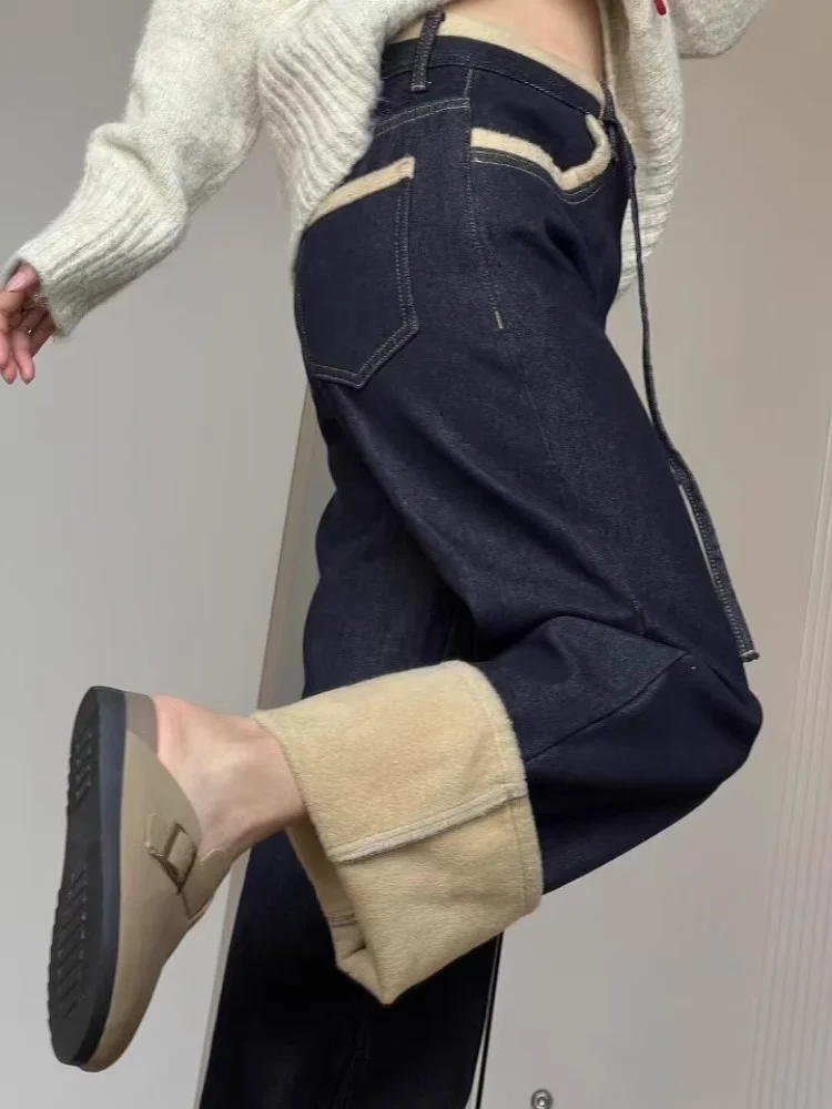

American Retro Thickened Fleece Lined High Waist Straight Leg Jeans Women Winter plus Size Warm Wide Leg Pants Bootcut Trousers