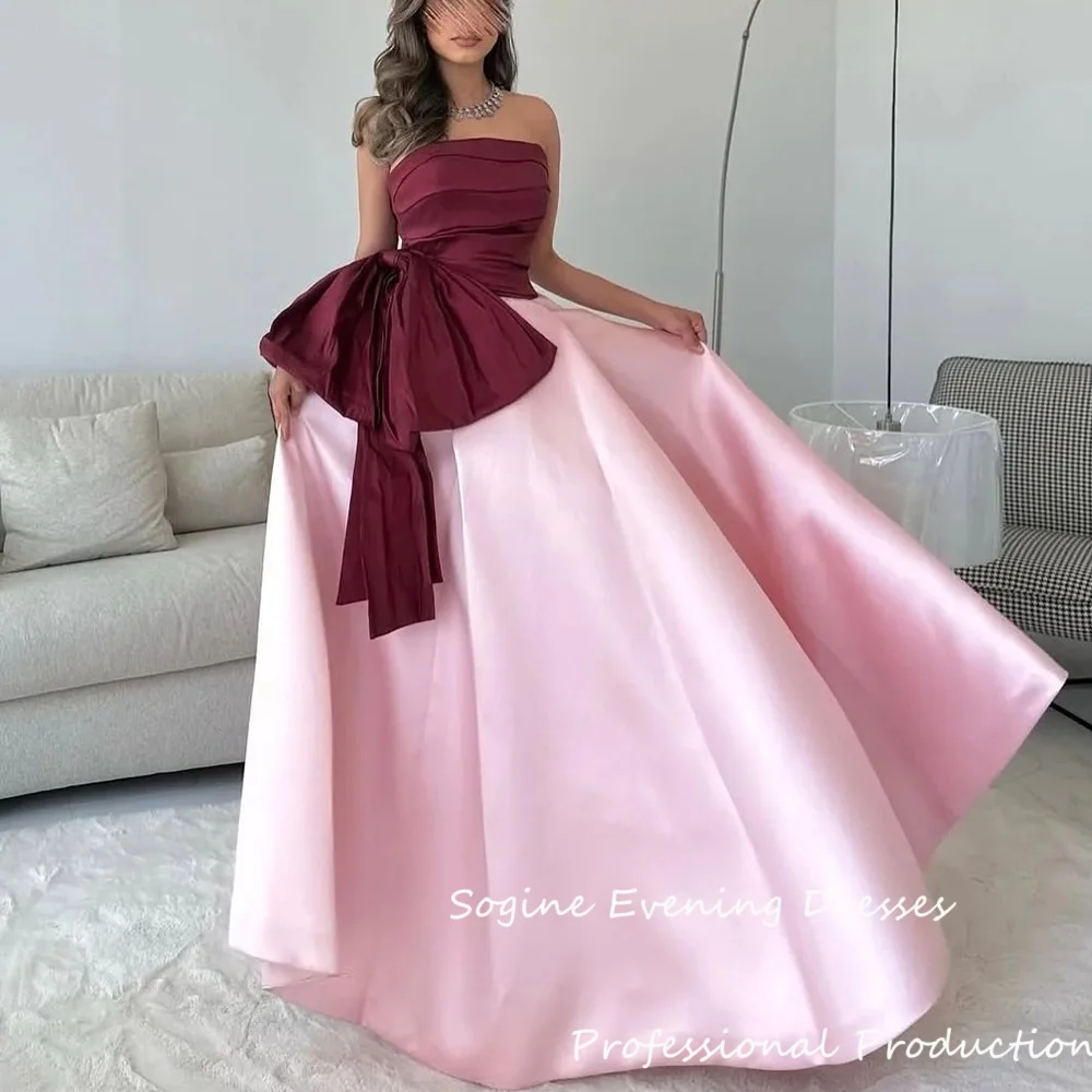 

Satin Customized Arabic Evening Dresses For Women Strapless With Bow Floor Length A-Line Prom Dress Ruched Cocktail Ball Gowns