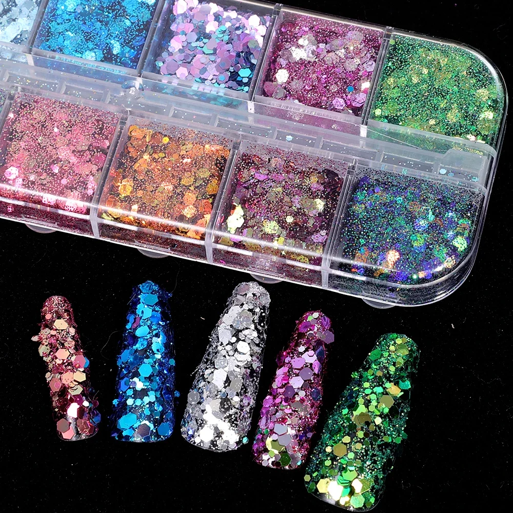 Paillettes Hexagonales 3D pour Ongles, 12 Grilles, Irrégulières, Nail Art, Poudre, Verhéritage Gel, DIY, Holographique, Décorations de Manucure