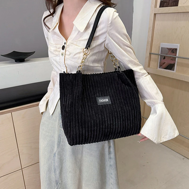 Fashion Corduroy Tote Bag Solid Color Shoulder Bag Women's Casual Handbag For Commute Work Shopper Totes image 6