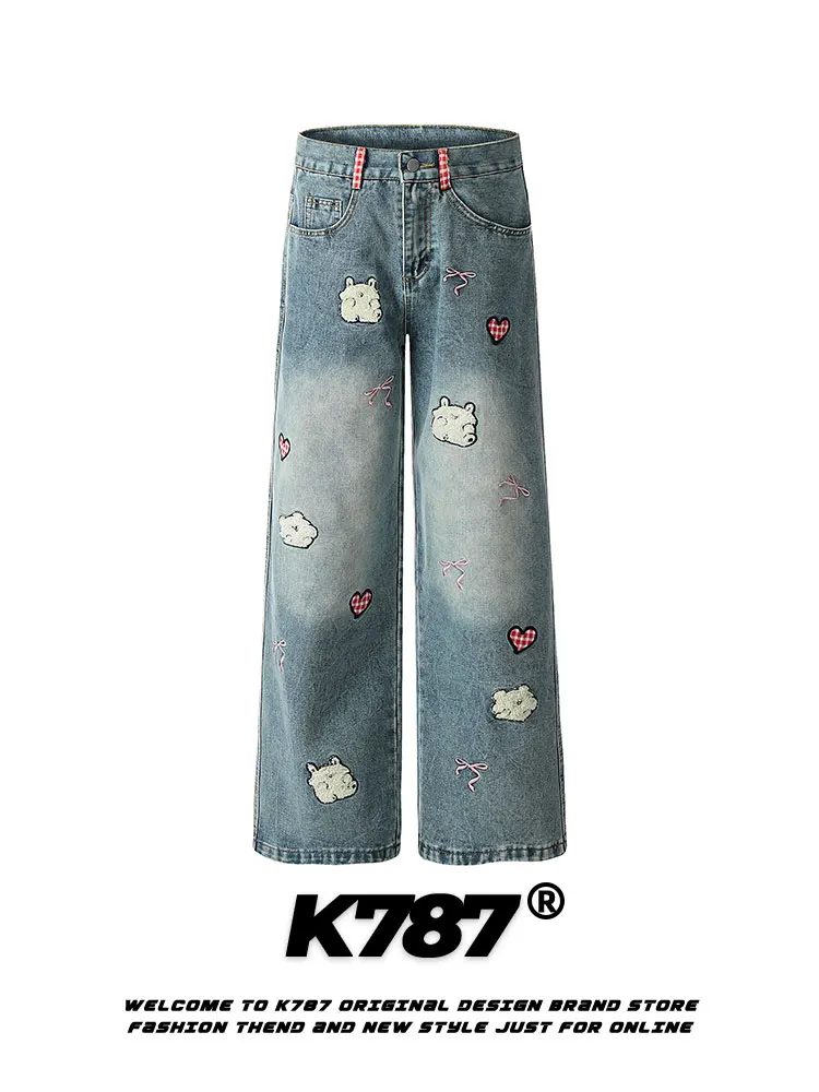 

K787 American Retro Cartoon Embroidered Jeans High Waist Straight Leg Casual Loose Fit Jeans for Men And Women