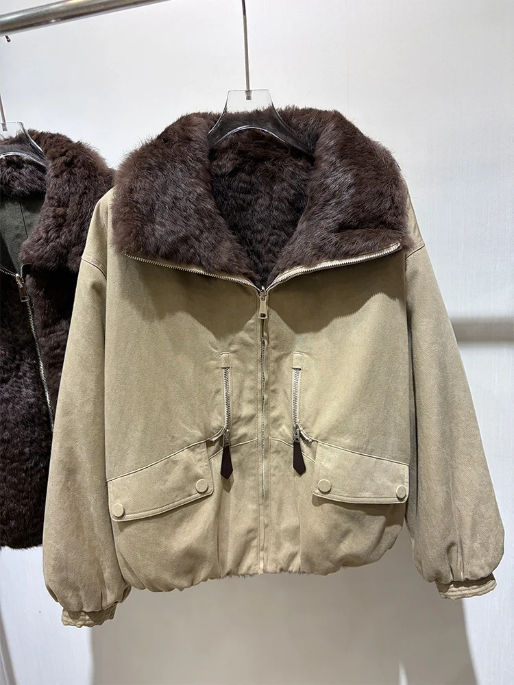 New Fashion Women Winter Real Rabbit Fur Coat 2-Side Can Wear Jacket Thick Female Outwear Coat