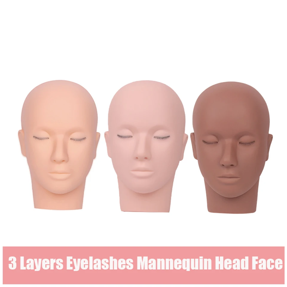 Główka manekina z 3-warstwowymi rzęsami do treningu przedłużania rzęs z odpinanymi powiekami, silikonowa głowa modelowa do kosmetyki, narzędzie do makijażu.