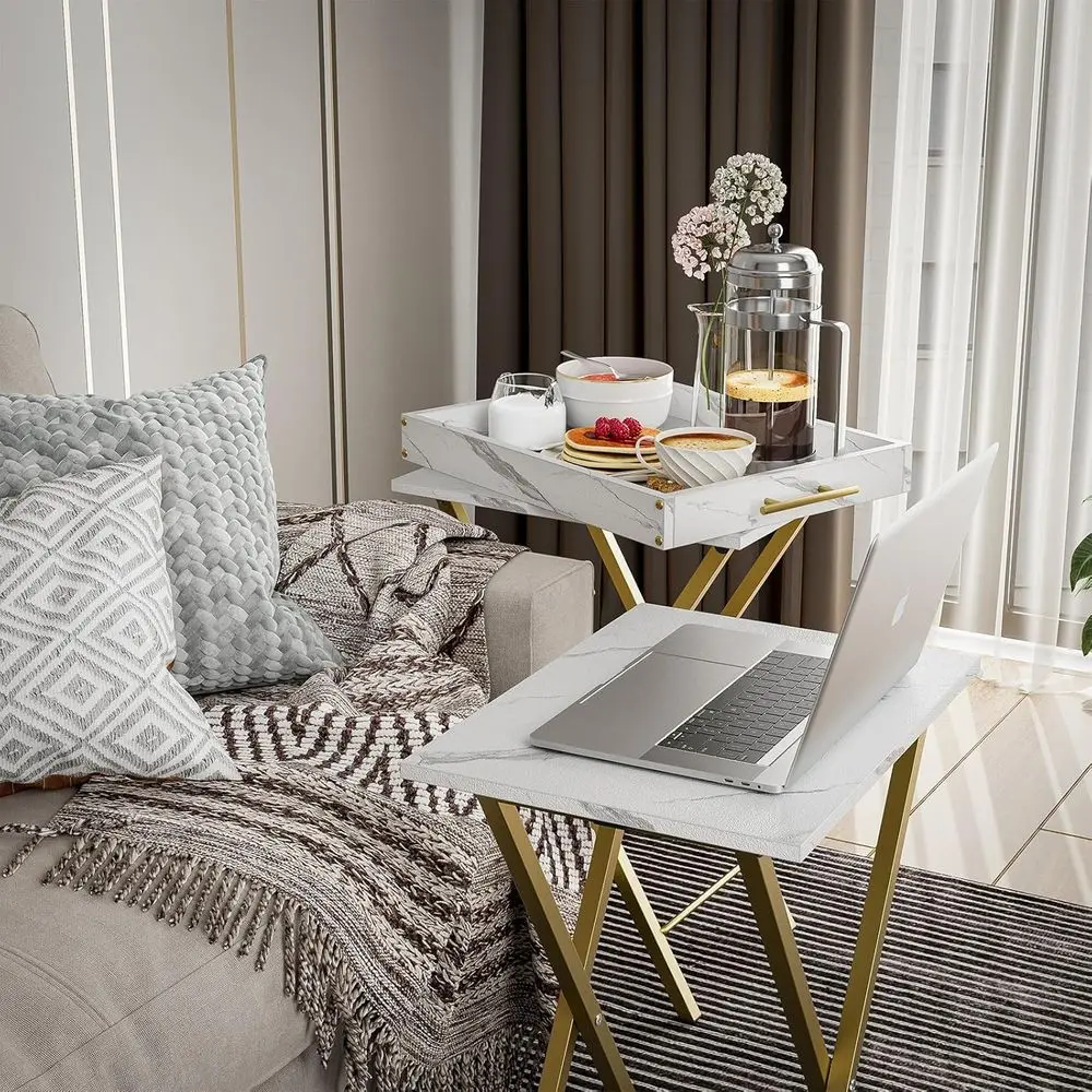 زوج من صواني التلفزيون القابلة للطي مع قمصان قابلة للفصل، مثالية للوجبات الخفيفة والخدمة في مساحات المعيشة، باللون الأبيض