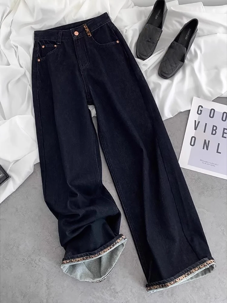 

Европейские джинсы с леопардовым принтом и закрученными краями для женщин, модные широкие джинсовые брюки с высокой талией, свободные прямые брюки в стиле ретро