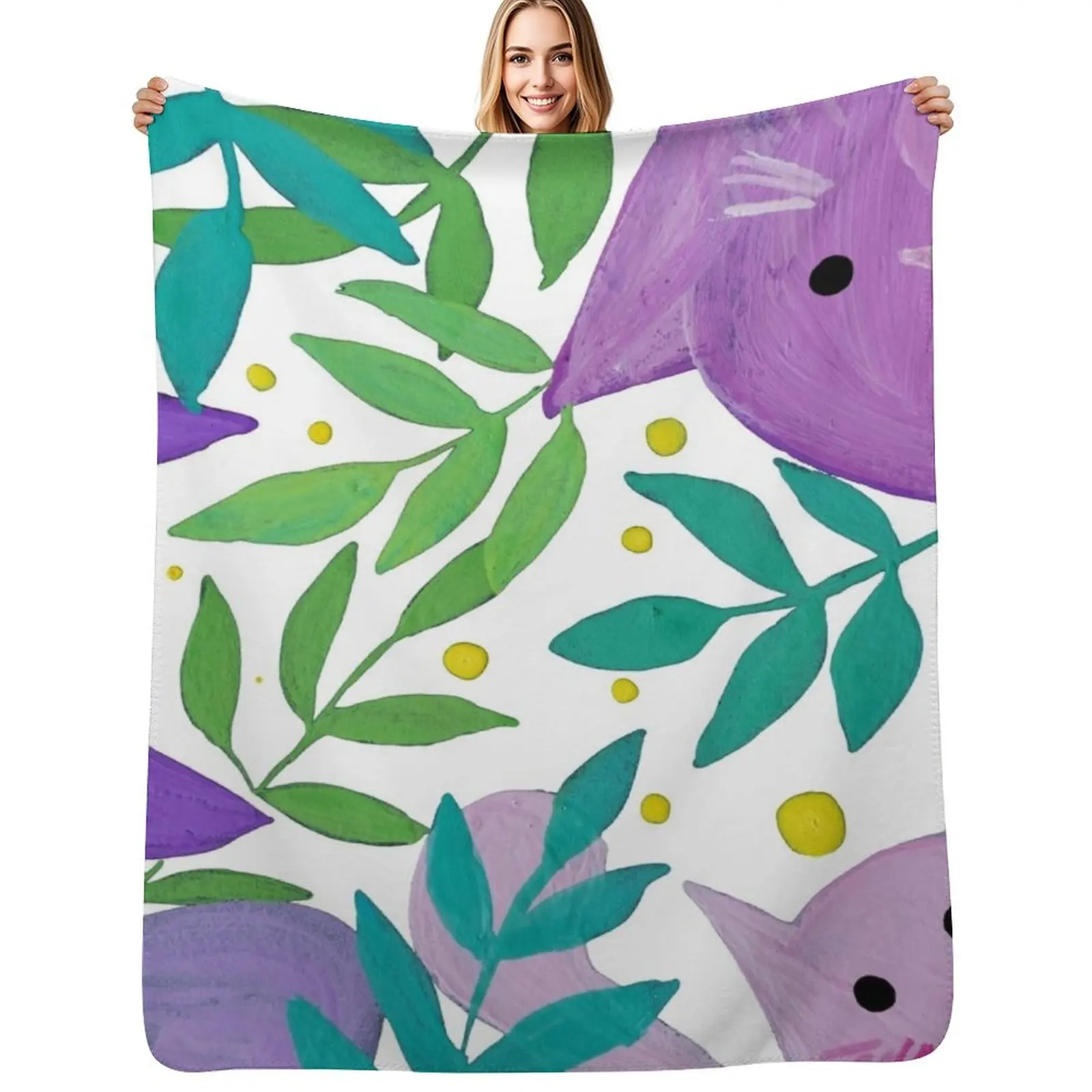 

Cats and branches - purple and green Throw Blanket Wrinkle Resistant Lightweight Blanket