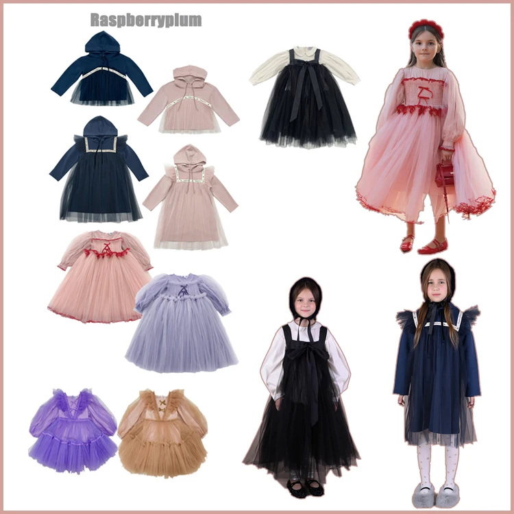 RAS 2025 Girls Casual Hoodie Dresses Autumn Winter Long Sleeve Mesh Splicing Dress French Outdoor Daily Kids Birthday Clothing