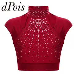 Kids Shiny Rhinestones Cutout Sleeveless Tops for Girls Crop Top Figure Skating Ballet Dance Gymnastics Children's Clothes