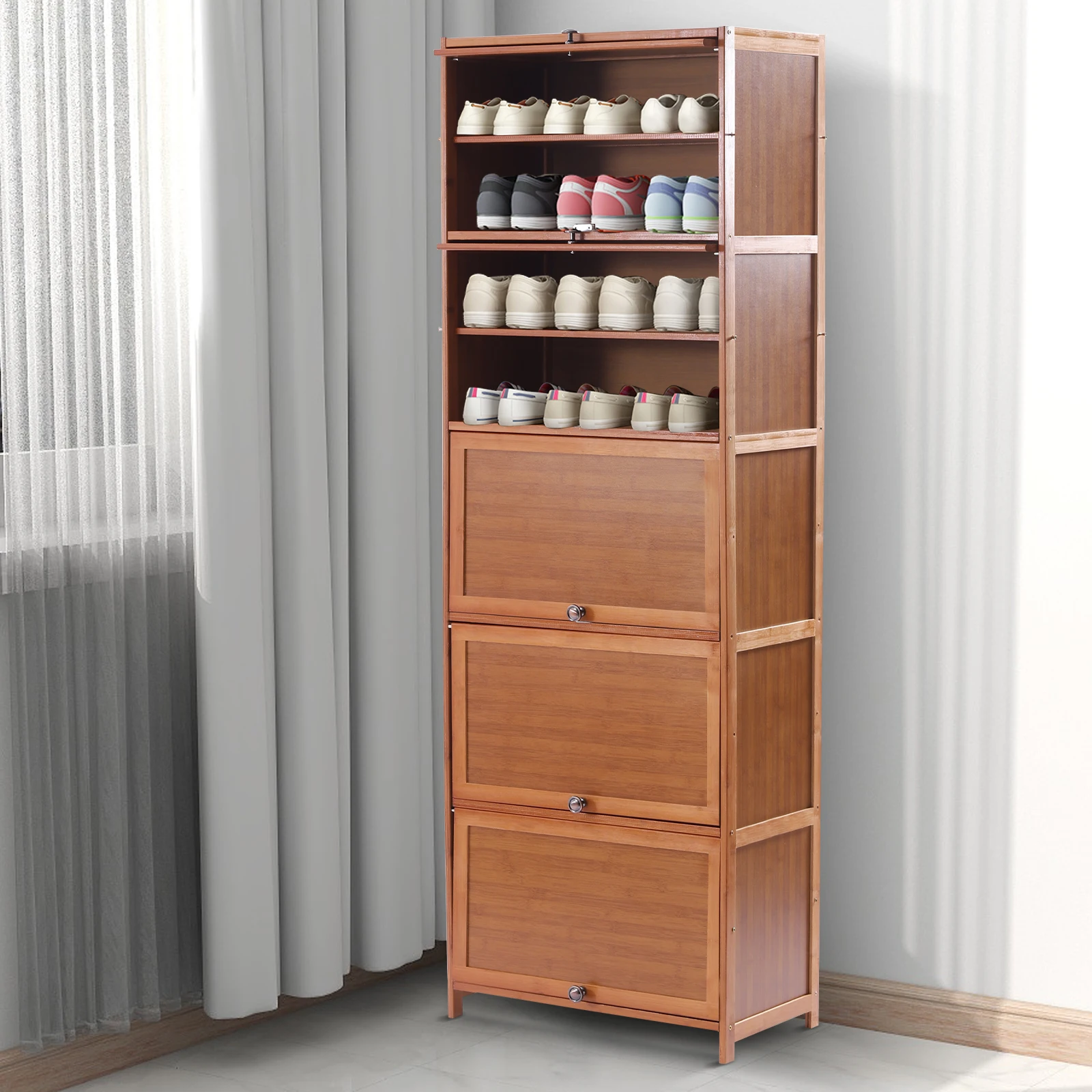 10 Tier Shoe Storage Rack Bookshelf with Cabinet Concealed Sliding Doors