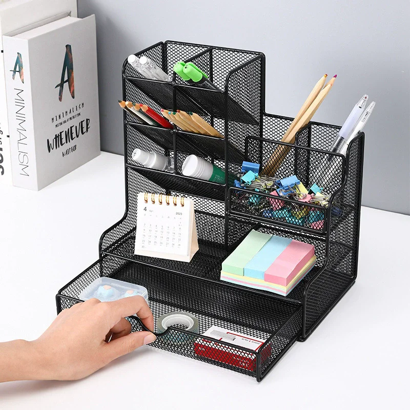 Pen Holder Large Capacity Metal Desktop Storage Box Desk Organizer with Drawer for Office and School Supplies