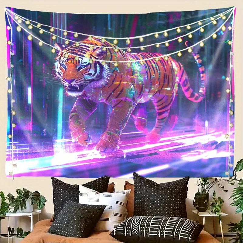 1pc UV Reactive Black Light Activated Glow-in-the-Dark Tiger Tapestry Wall Hanging - UV-Sensitive Fluorescent Glow Under Blackli