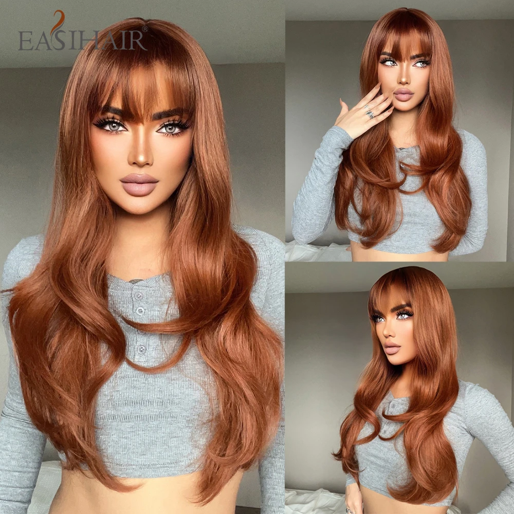 

EASIHAIR Long Wavy Copper Ginger Synthetic Wigs with Bang Auburn Red Brown Hair Wig for Women Cosplay Daily Party Heat Resistant