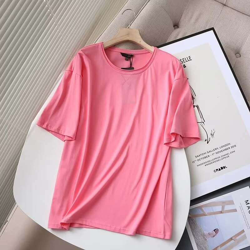 

Maxdutti Nordic Minimalism Round Neck Loose Tshirts Casual Tops Summer Fashion Pink Color T-shirts Women