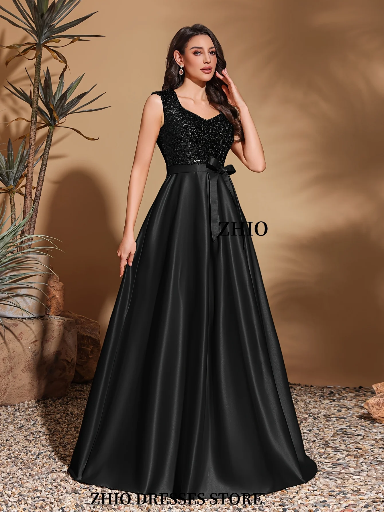 ZHIO женское стильное элегантное черное платье с v-образным вырезом и блестками без рукавов, подходит для свадебной вечеринки, официального мероприятия по индивидуальному заказу