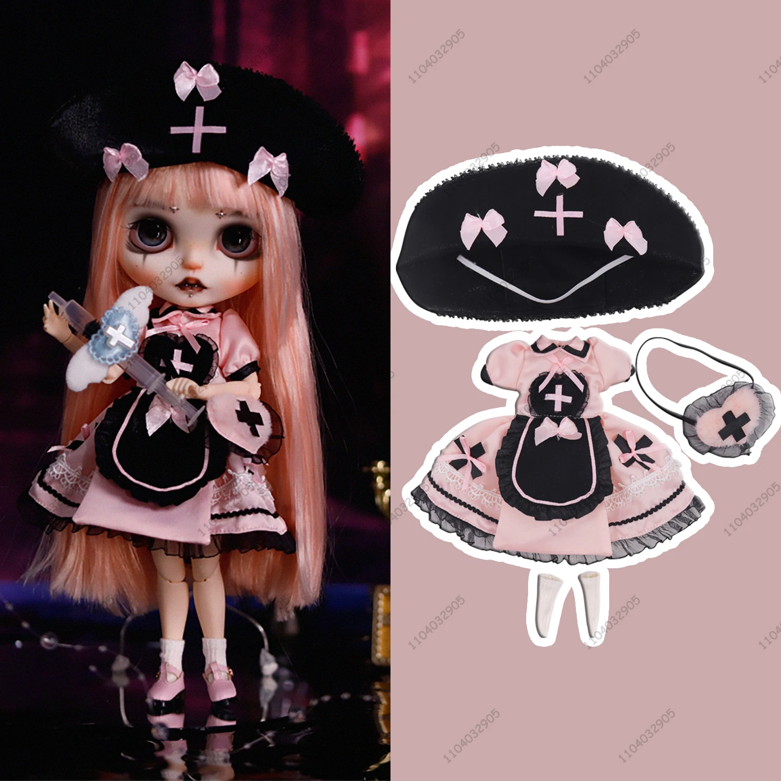 

Blyth Doll 19 Joints Body 30CM 1/6 Doll Azone Gothic Terrifying Dark Pink Nurse Dress Halloween Cosplay Suit Girl Gift Toy