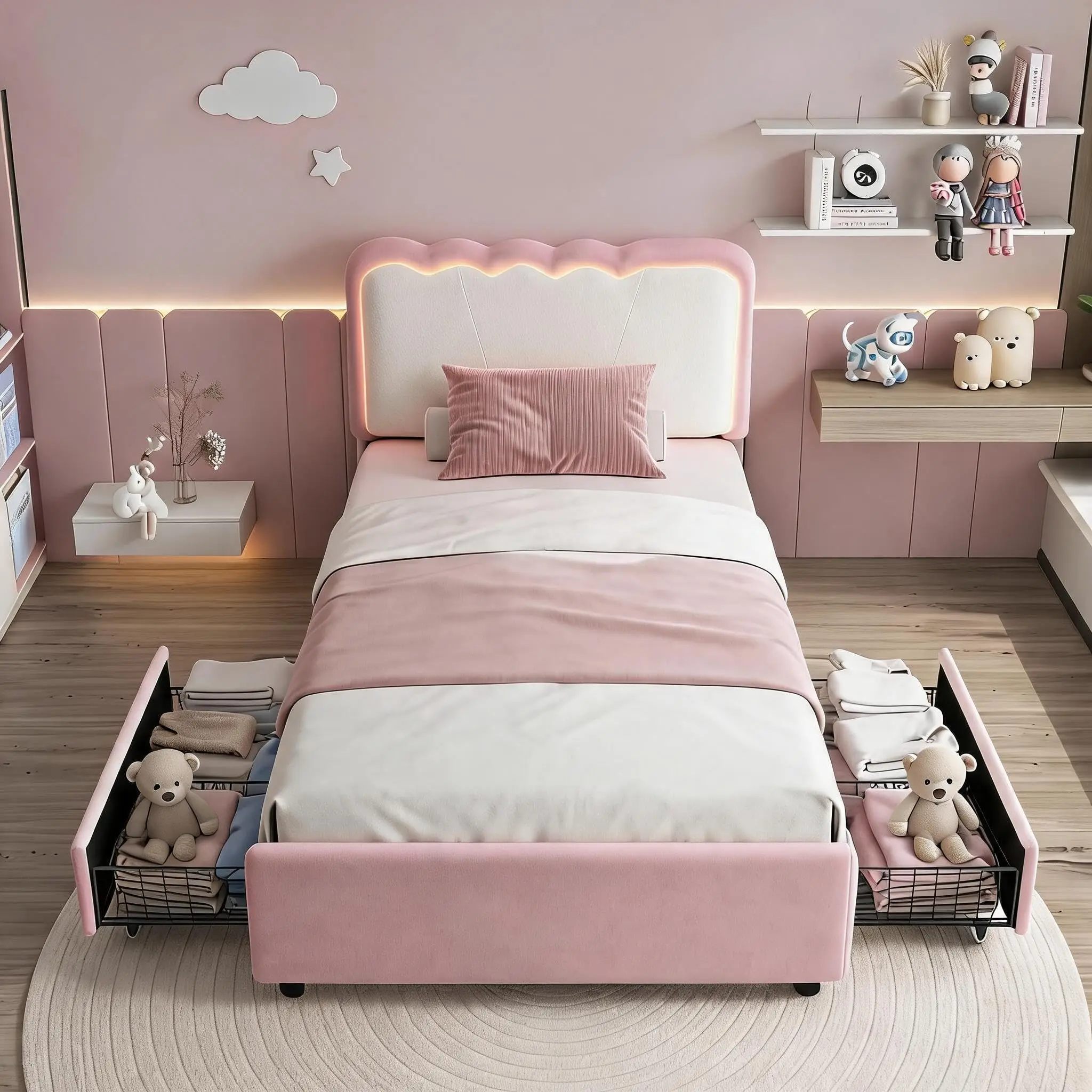 LED Upholstered Platform Bed Frame with 2 Storage Drawers – Adjustable Double Wave Headboard, Velvet Princess Style, Heavy Duty Metal & Wood Support, No Box Spring Needed, Modern Bedroom Furniture, Queen - view 4
