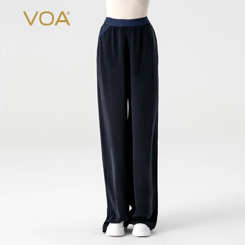 

VOA 30 Momme Heavyweight 100% Real Mulberry Silk Navy Natural Waist Trousers Pocket Splice Georgette Loose Straight Pants KE866