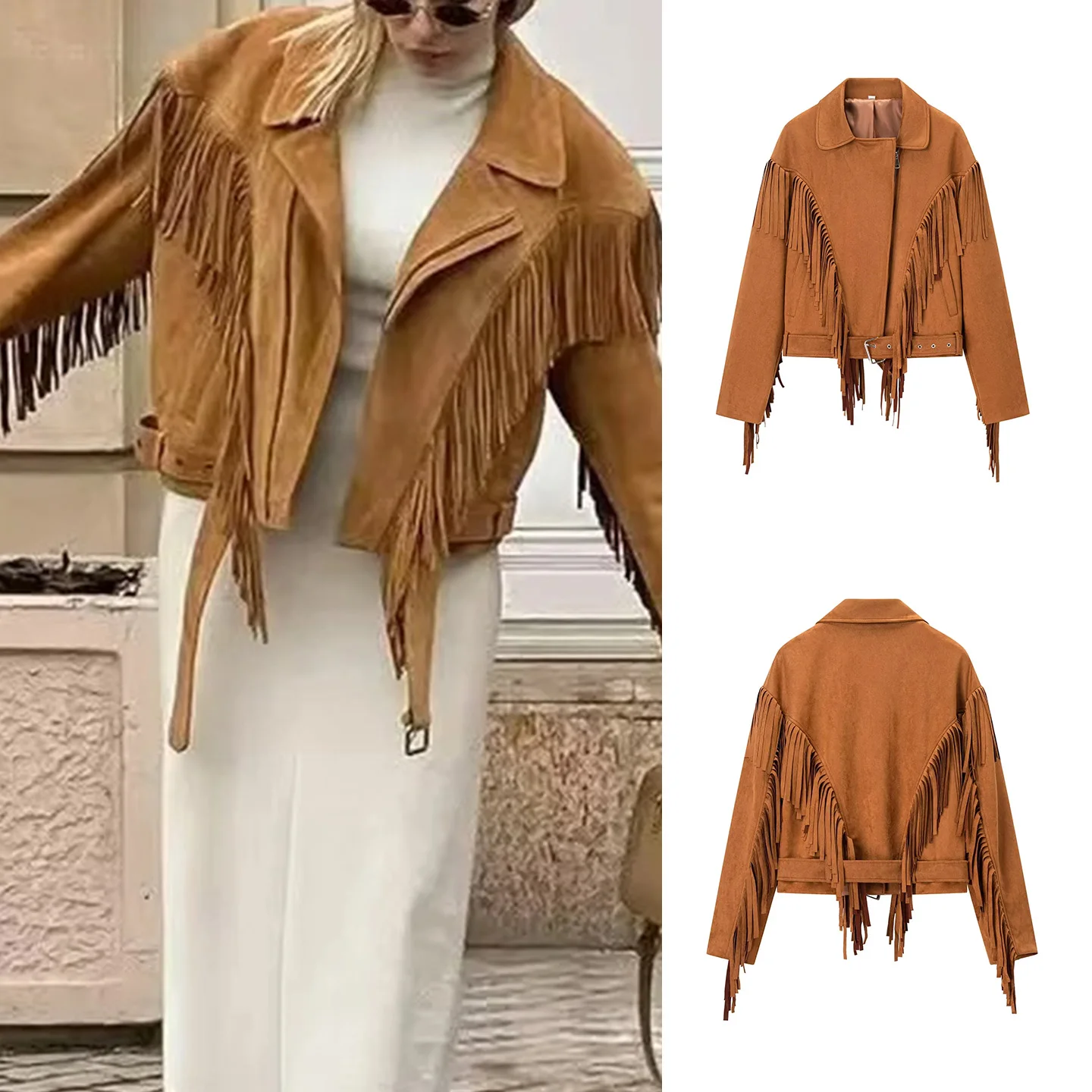 

Женское пальто Jaet ort Suede в стиле ретро с широкими плечами, длинное повседневное осеннее пальто с отложным воротником и бахромой, новое поступление