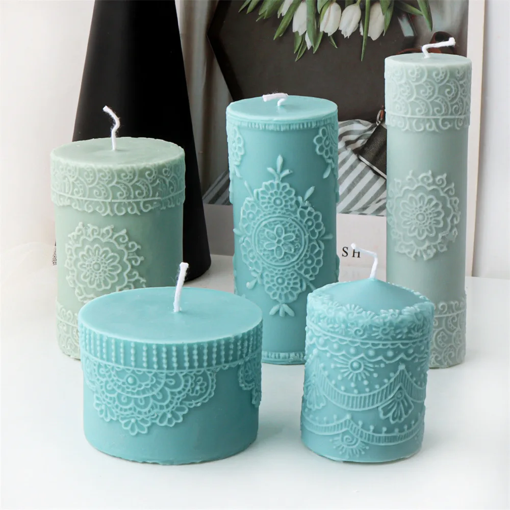 Nordic Style Retro Lace Pattern Silicone Candle Mold Cylindrical Relief Hollow Aromatherapy Plaster Resin Molds Home Decoration