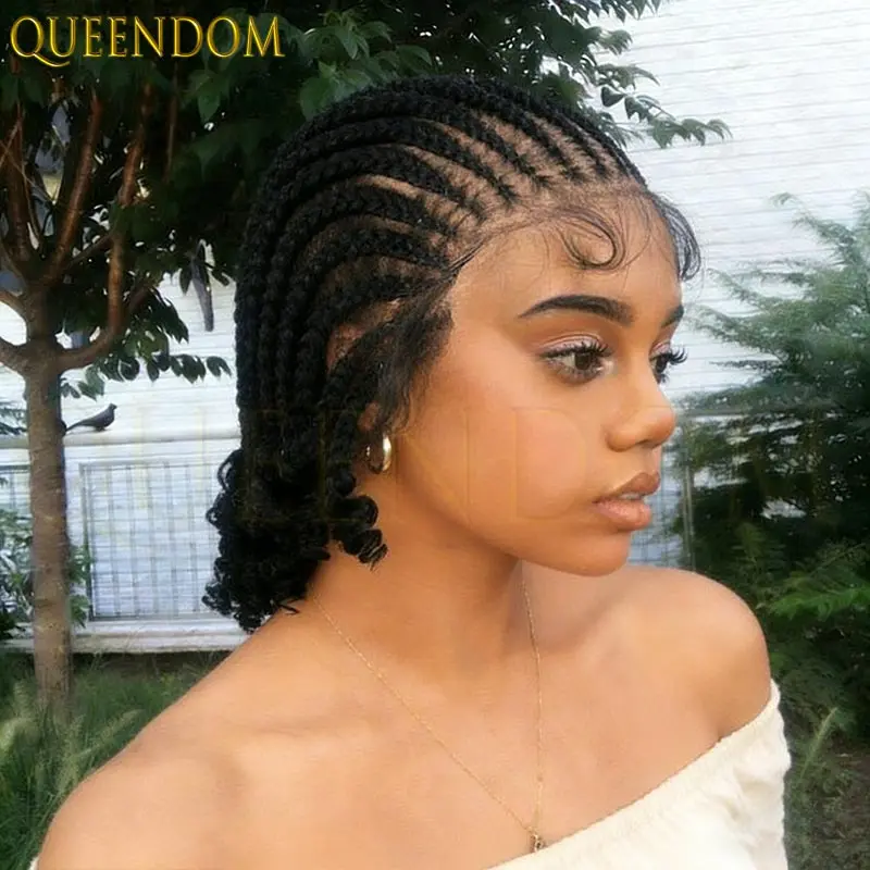Peruca sintética curta bob, renda frontal completa, cornrow, caixa sem nós, trançada, com cabelo de bebê, 8 polegadas para mulheres
