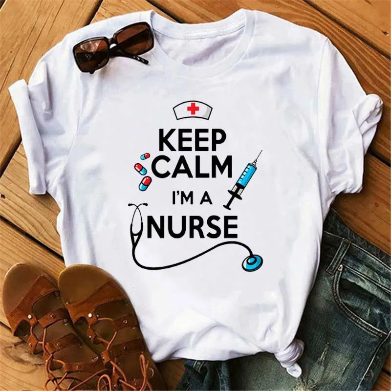 Women T-shirt Keep Calm Funny Harajuku Nurse Summer Graphic Printed Short Sleeve Roundneck Summer Tops Casual Ladies Tee