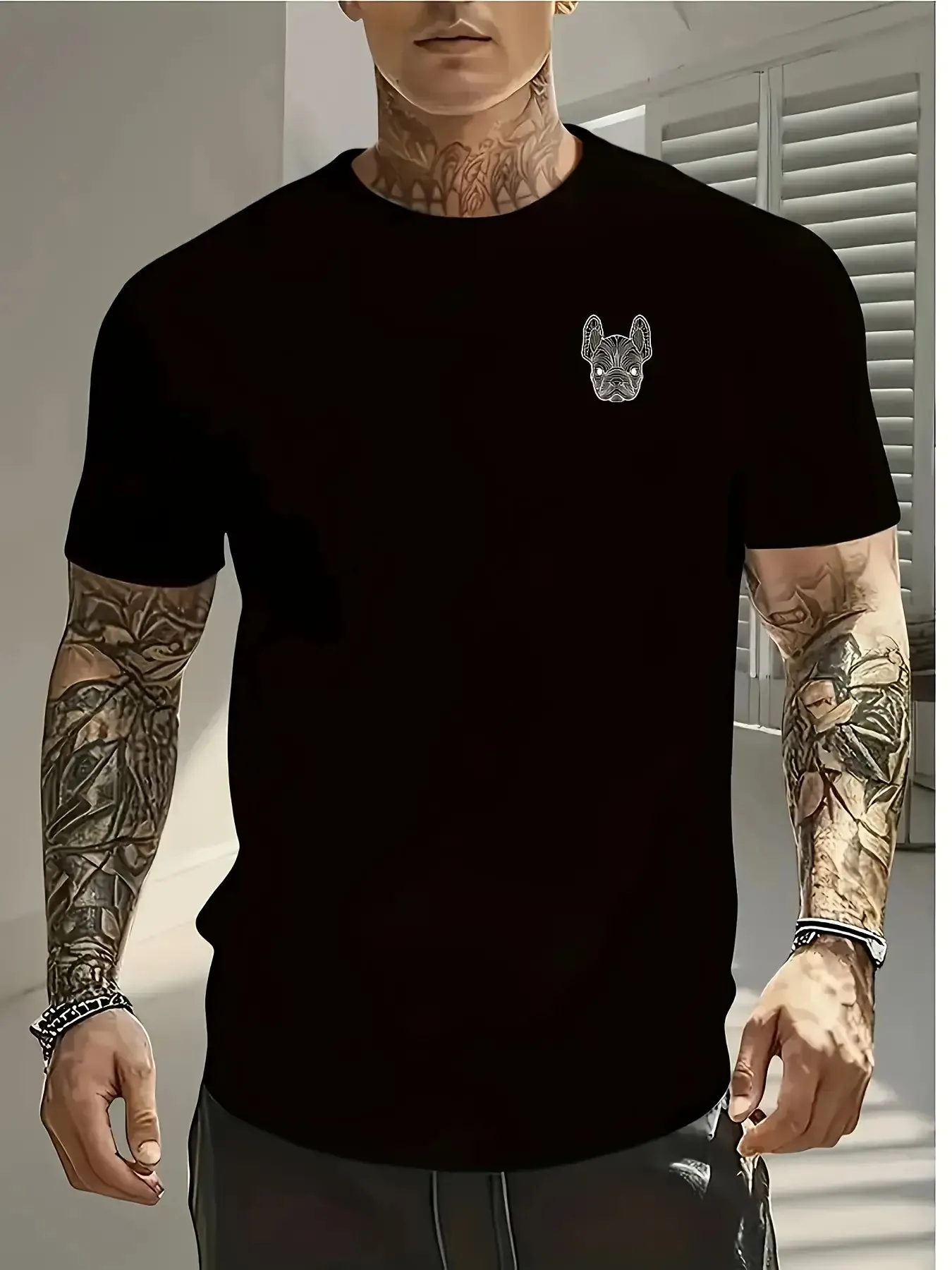 Minimalistisches T-Shirt mit französischer Bulldoggen-Brustgrafik für Herren, atmungsaktiv, 100 % Baumwolle, perfekt für den Sommer, Streetwear, trendig, zurückhaltend, lässig – Detail 3