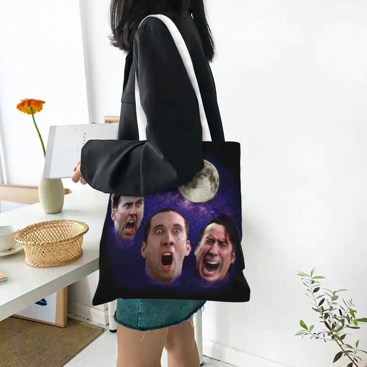 Nicolas Cage Moon Meme sacolas femininas, bolsa de lona, bolsa de ombro, bolsa de compras casual