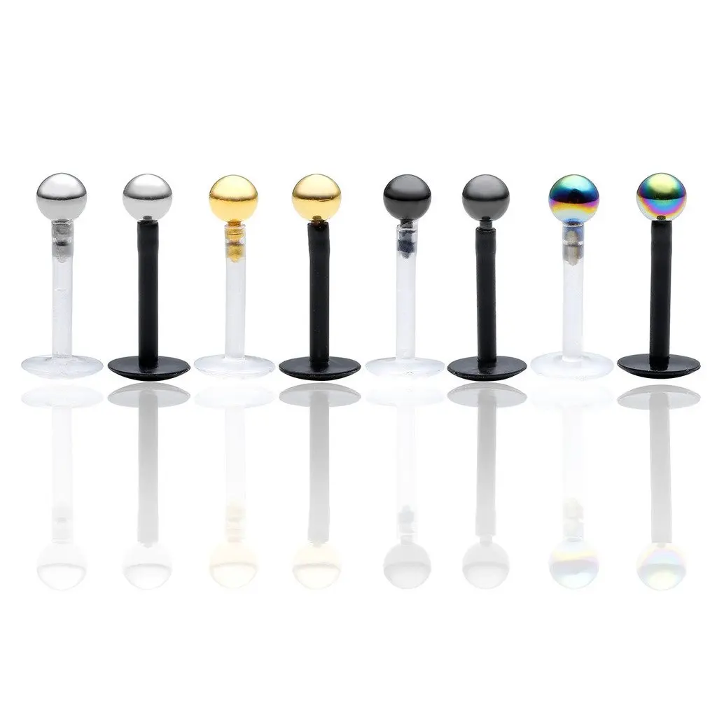 1pcs 16G Clear/Black Stainless Steel Ball Internal Threaded White Acrylic Bioflex Labret Lip Bar Ring Length 6mm/8mm/10mm