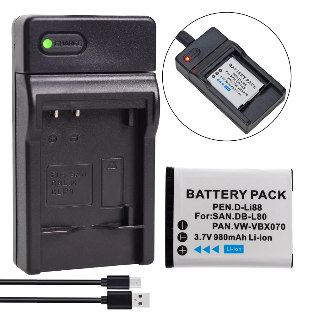 بطارية D-LI88 DB-L80 L80A D LI88 DBL80 DLi88 + شاحن نحيف لكاميرا الفيديو Sanyo Xacti VPC-CG10، VPC-CG20، VPC-CG21، VPC-CG100