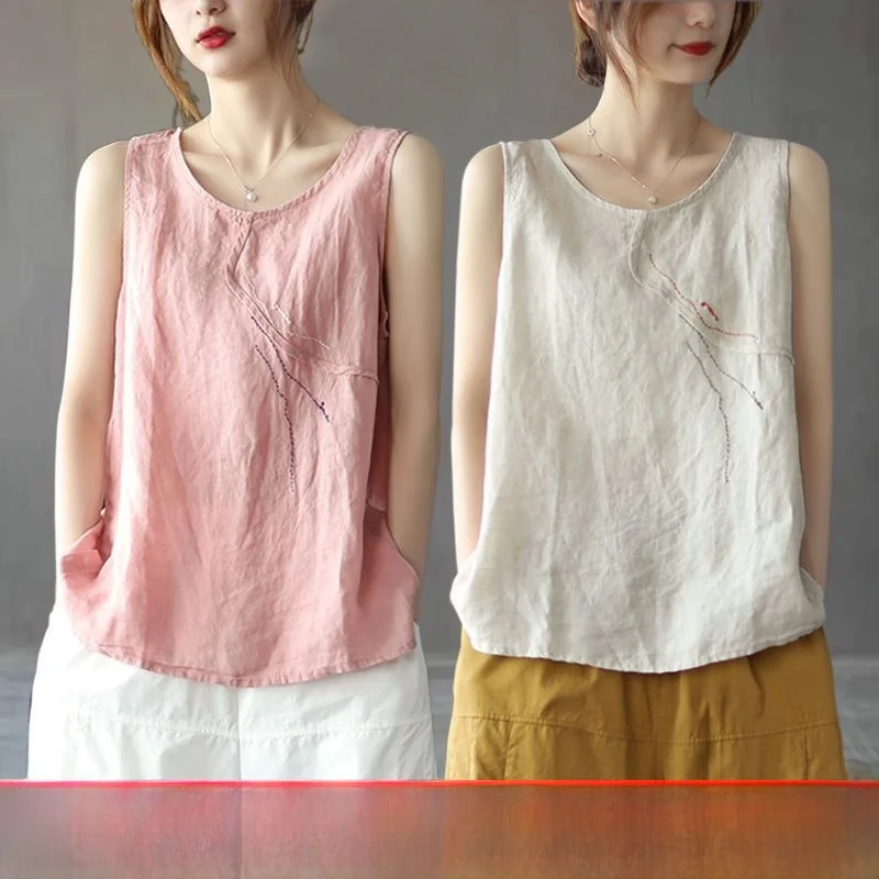 

Summer New Women's Cotton Linen Svel Top Loose Fit Thin Material ort Sve T-irt round Ne Plant Floral Pattern