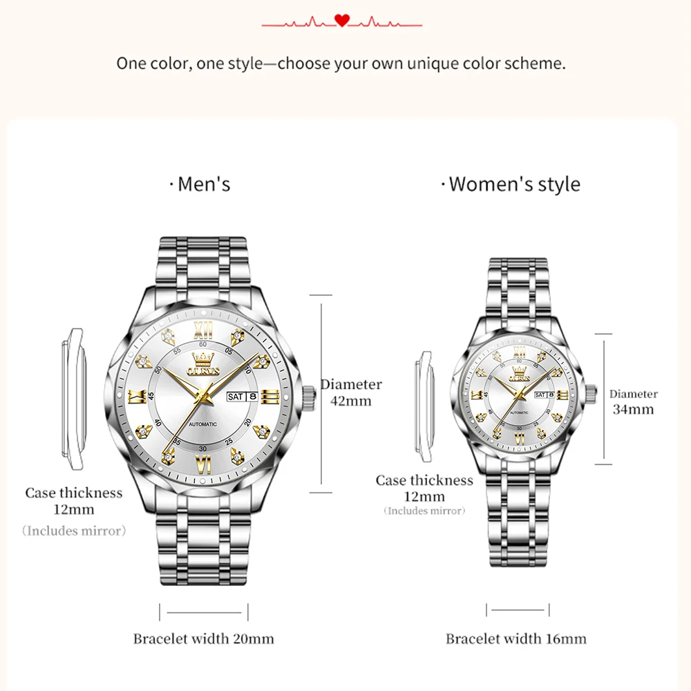 OLEVS Couple Watches 6727cp 2pcs Luxury Fashion Original Automatic Mechanical Watch for Lover Waterproof Luminous Date Week New