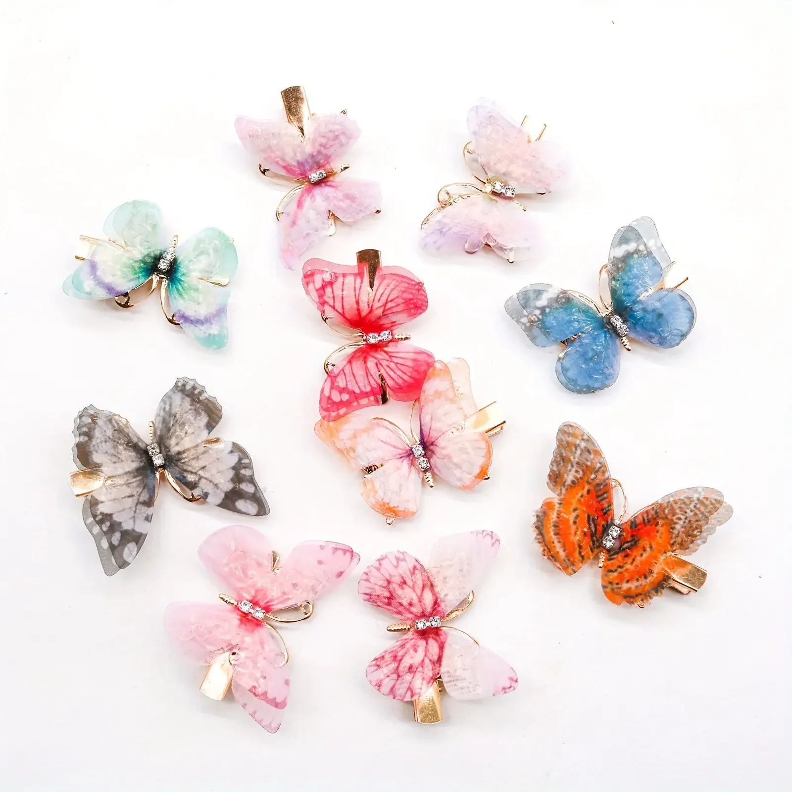 Pet Supplies Sturdy Metal Hair Clips Set (10-Piece) - Double-Layered with Sparkling Rhinestones, Colorful Butterfly Accents, Safe, Comfortable for Cats & Small Dogs, Random Color Assortment, Set Of 10